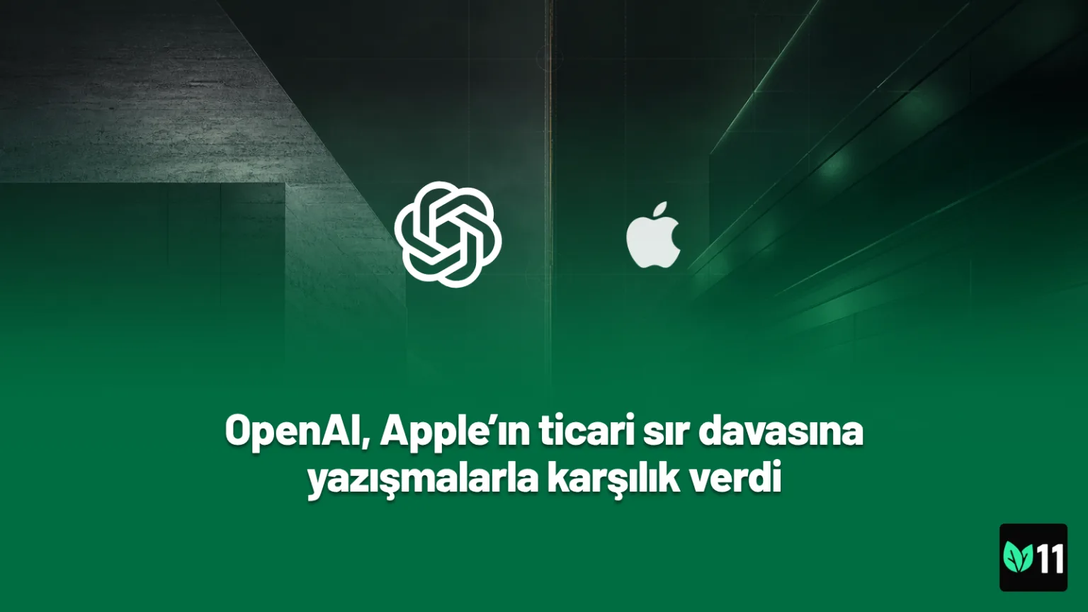 OpenAI ve Apple marka sembolleri, teknoloji davasını temsil eden editoryal arka plan üzerinde